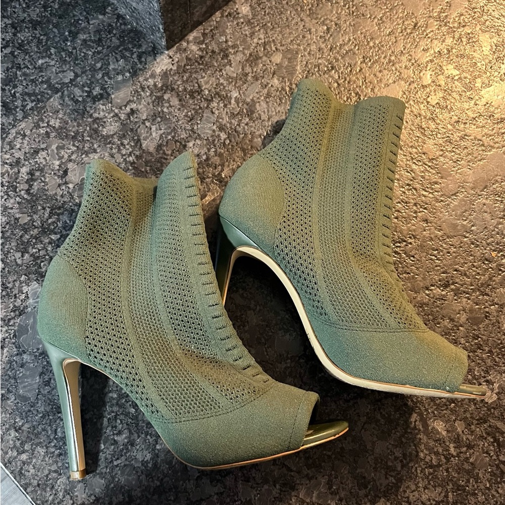 Olive green peep toe 3” Aldo bootie.